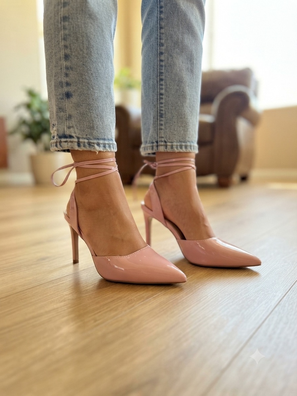 Lulus, Women's Pink Patent Pointed-Toe Ankle Tie Pumps